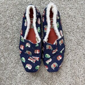 TOMS Paper Source Slippers Womens Size 7 Blue Camper Print Faux Fur Lined Xmas